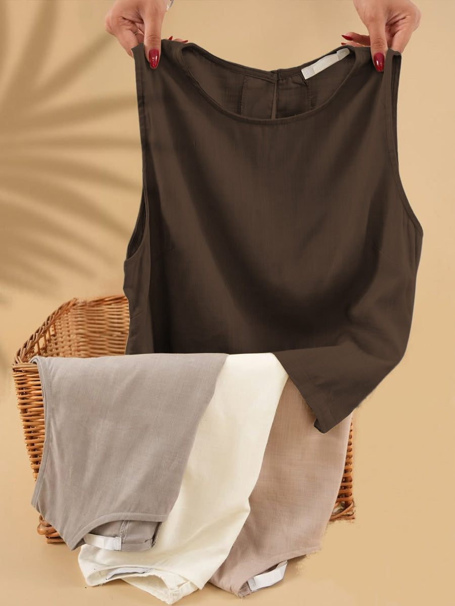 Women's Solid Color Round Neck Sleeveless Casual Linen Vest Top