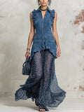 Women's Retro Lapel Denim Chiffon Patchwork Art Casual Long Dress