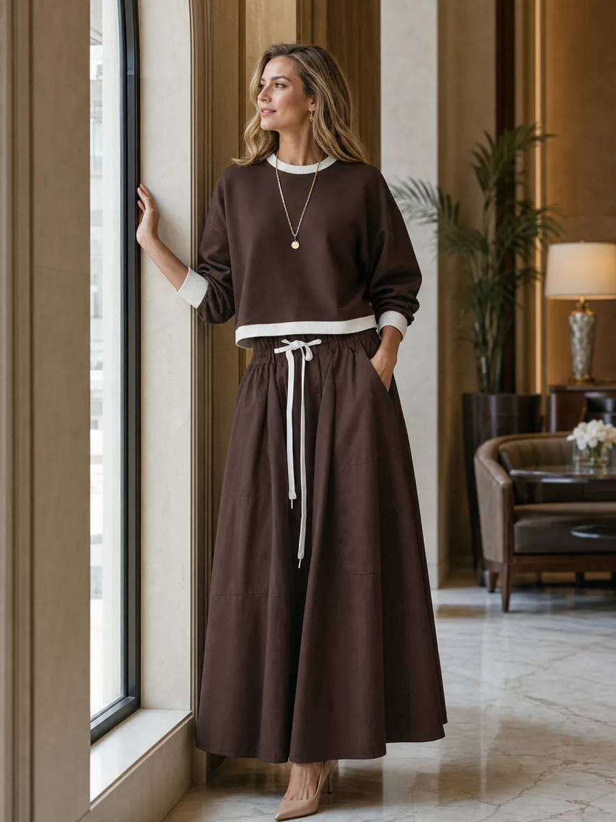 Chocolate Brown Cotton Drawstring Midi Skirt Set