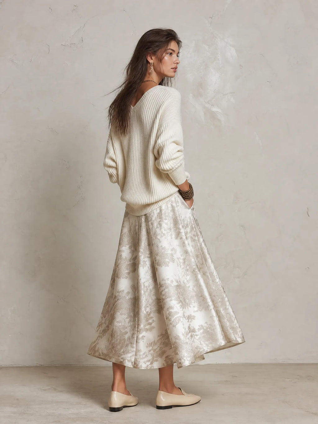 Elegant V-Neck Ribbed Sweater & Jacquard Skirt Set