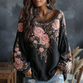 Women's Vintage Spring Floral Embroidered Art Print Flowy Linen Blend Long Sleeve Tops