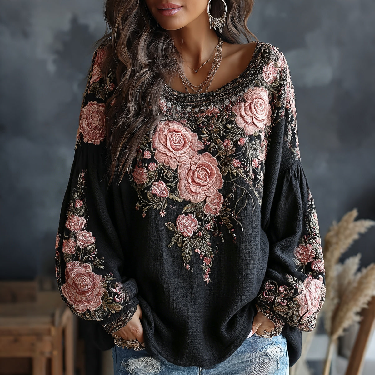 Women's Vintage Spring Floral Embroidered Art Print Flowy Linen Blend Long Sleeve Tops