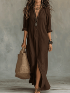 Black Button-Front Bohemian Shirt Maxi Dress
