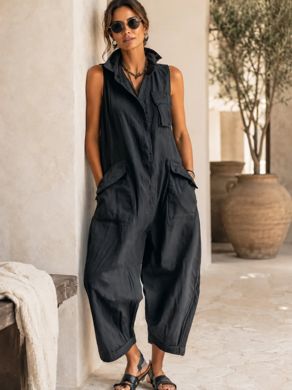 Black Sleeveless Utility Wide-Leg Jumpsuit