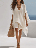 Boho Knit V-Neck Oversized Relaxed Fit Beach Cover-Up Top And Cotton-Linen Short Pant Set