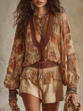 Casual Retro-Bohemian Chiffon Shirt And Shorts Beige Set