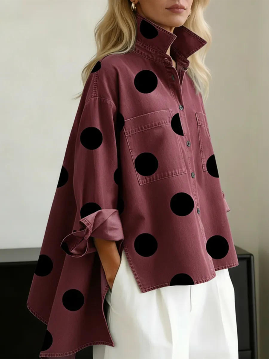 Elegant Artistic Polka Dot Print Stand-collar Denim Top