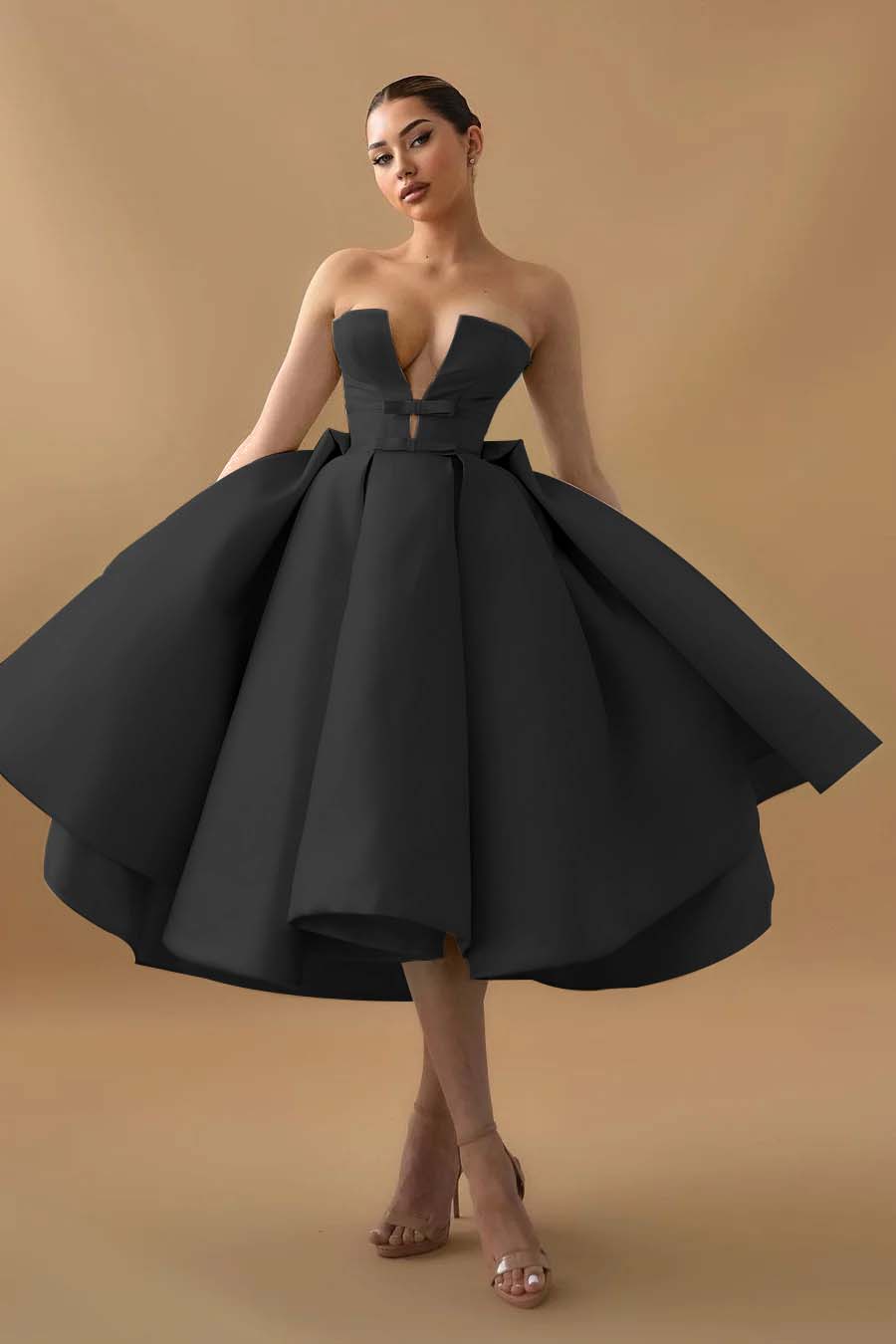 Cocoslly Chic Deep V Neck Strapless Sleeveless A-Line Homecoming Dress With Ruffles And Bow-knot | Mint Green Satin HC0078