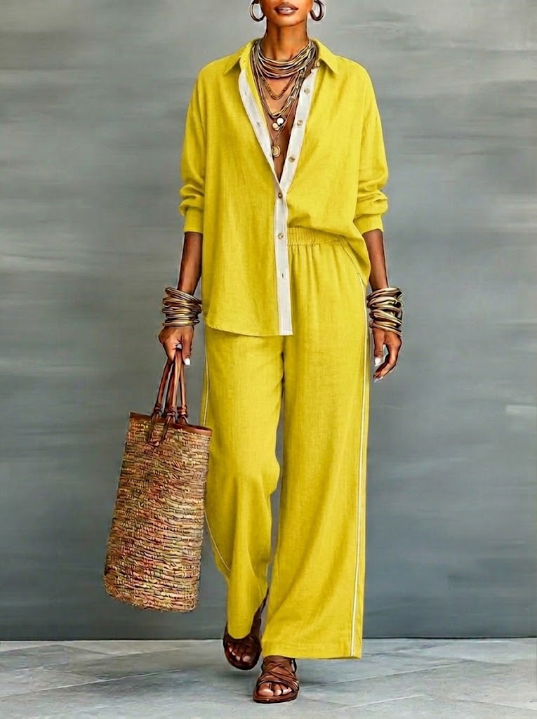 Casual Linen And Cotton Shirt And Wide-leg Pants Two-piece Set
