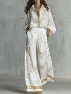 Bohemian Luxe Butterfly Jacquard Blouse & Wide-Leg Pants Set