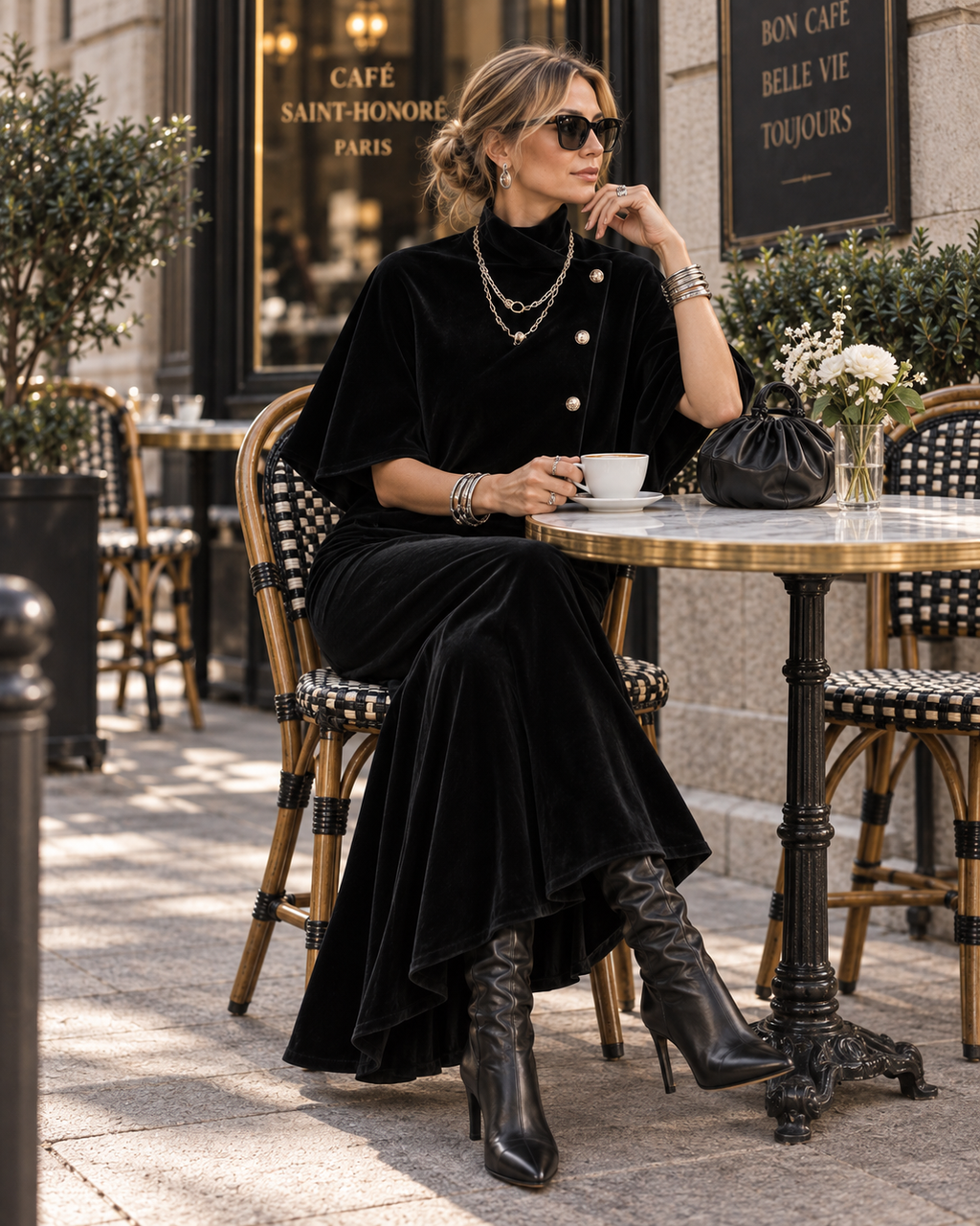 Vintage Luxe Draped Slim-Fit Black Two-Piece Set