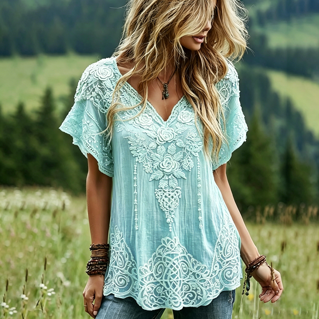 Women's Vintage Celtic Knot Floral Art Linen Blend Short Sleeve Tops