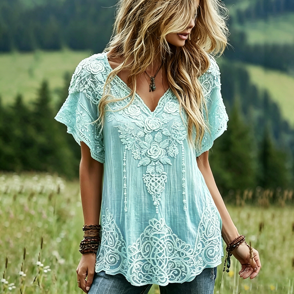 Women's Vintage Celtic Knot Floral Art Linen Blend Short Sleeve Tops