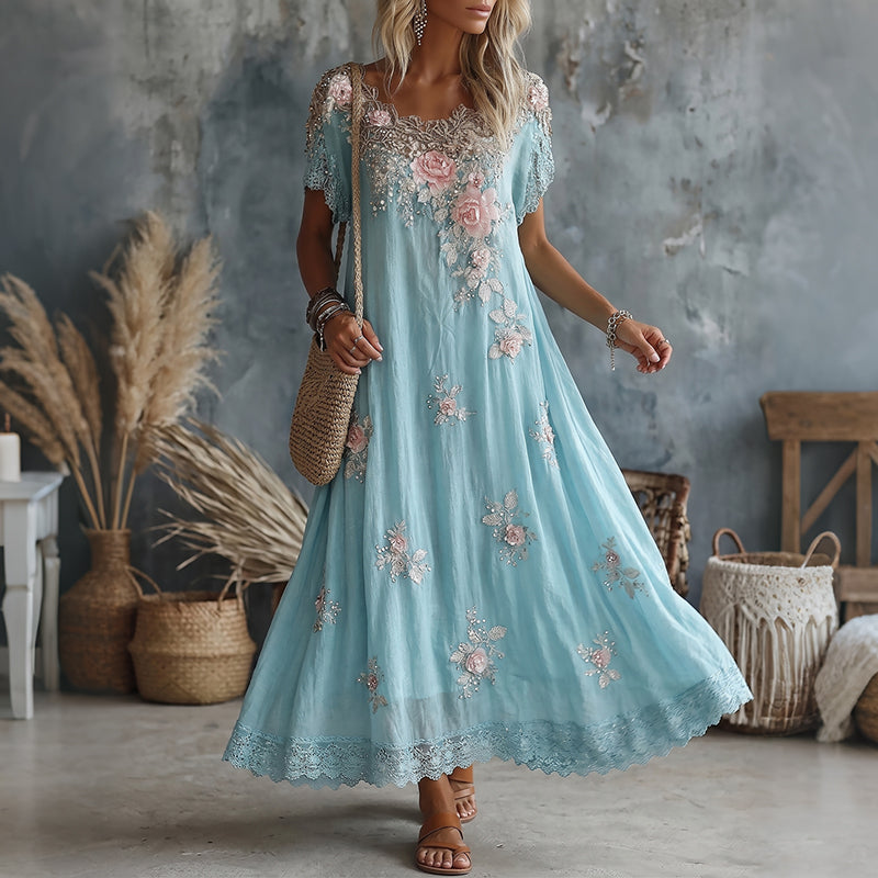 Women's Vintage Rose Floral Art Flowy Linen Blend Casual Dress