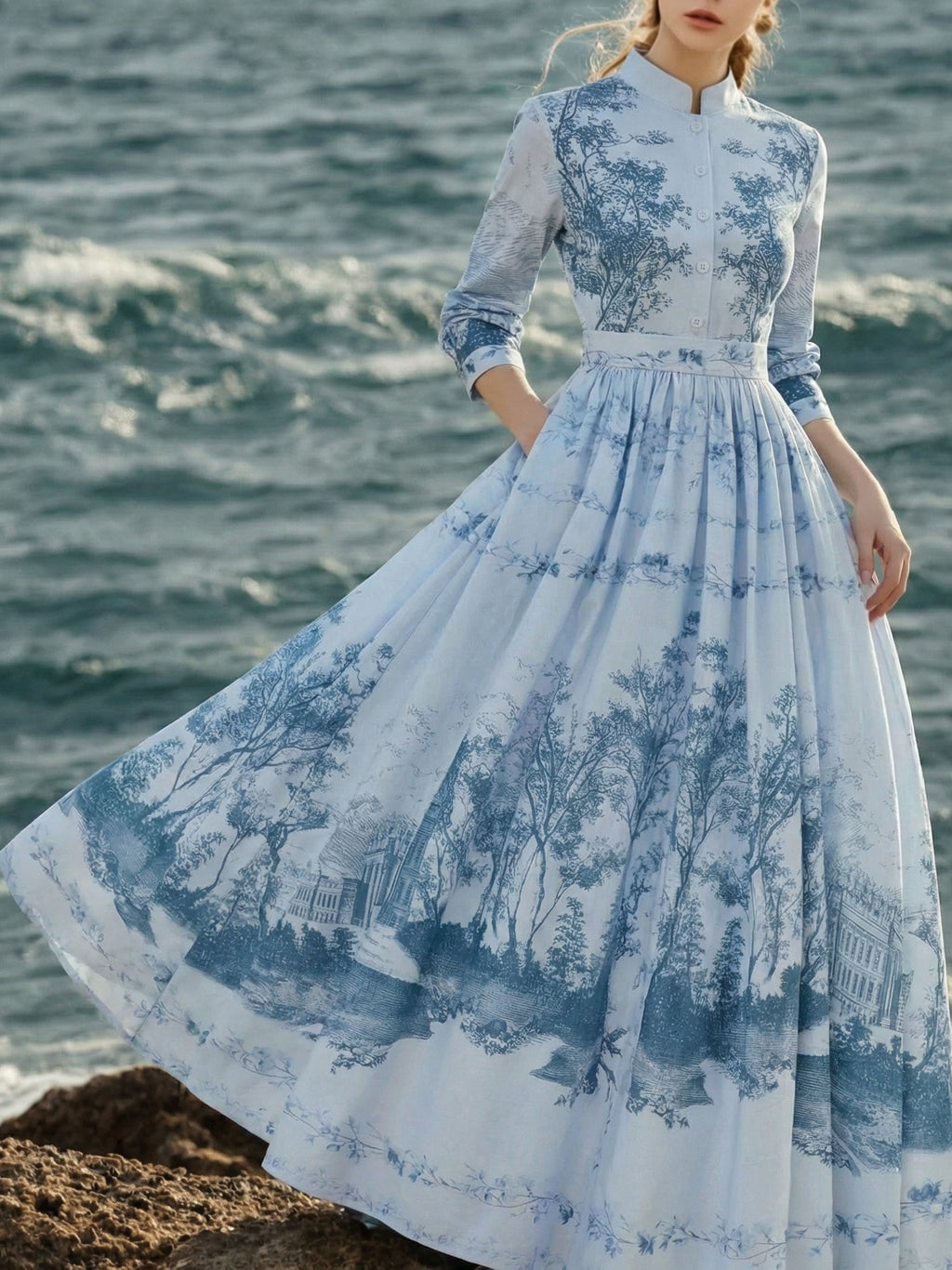Maxi Cotton Dress, Long Sleeves, Stand Collar, Floral, Pocket Design, Vintage, Blue