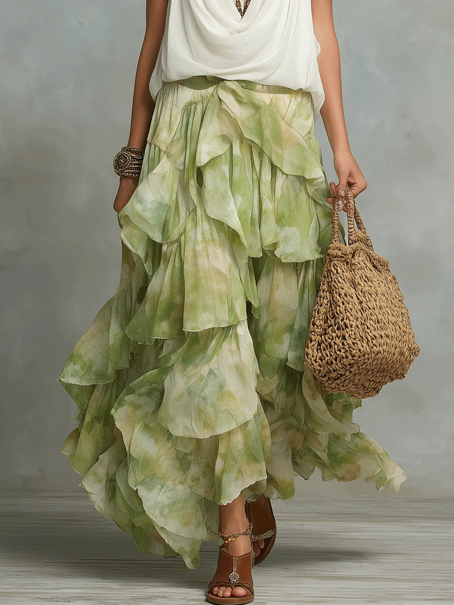 Chic Ivory Draped Top & Green Ruffle Maxi Skirt Set