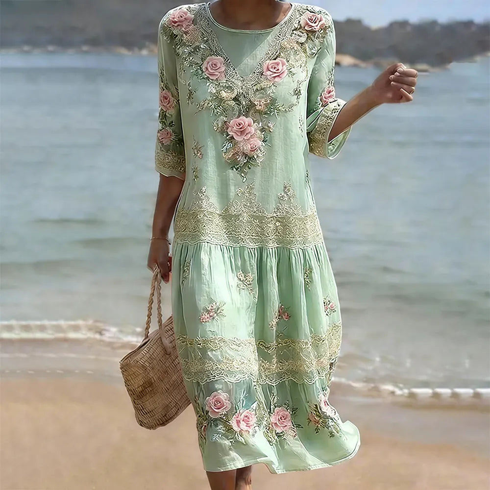 Women's Vintage Pink Flower Embroidery Art Midi Dress