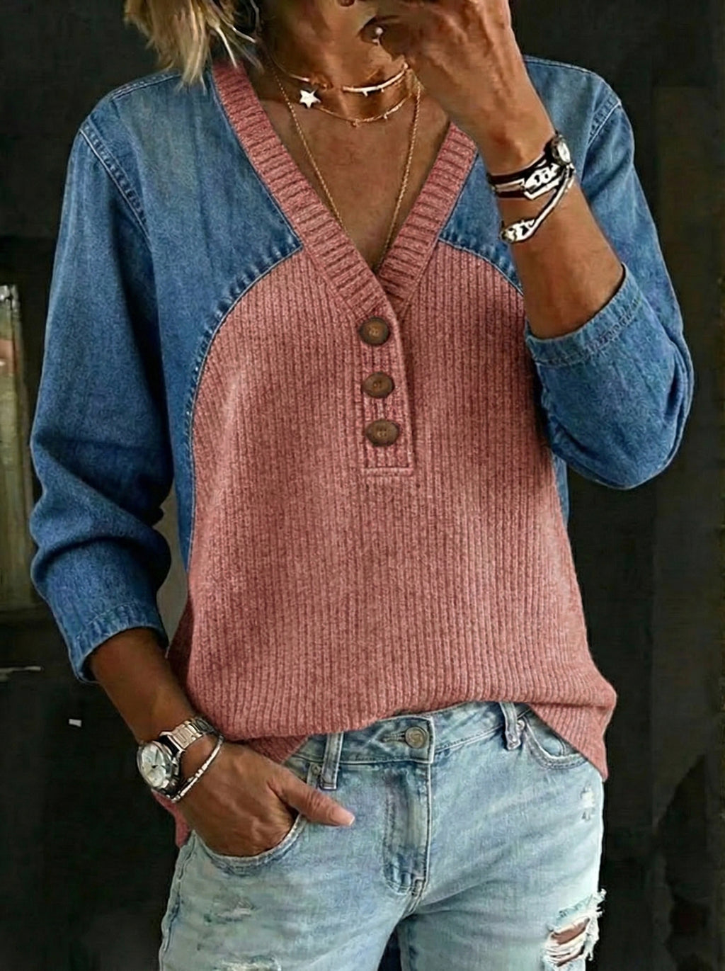 Women's Retro Casual Denim And Cotton Knit Sweater