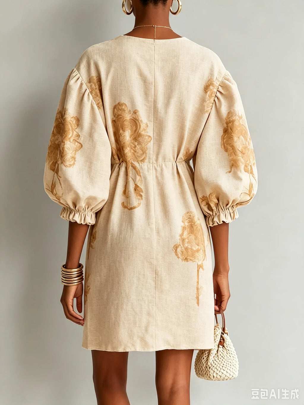 Beige Linen Floral Mini Dress Deep V Lantern Puff Sleeve Drawstring Waist Pocket Vacation Dress