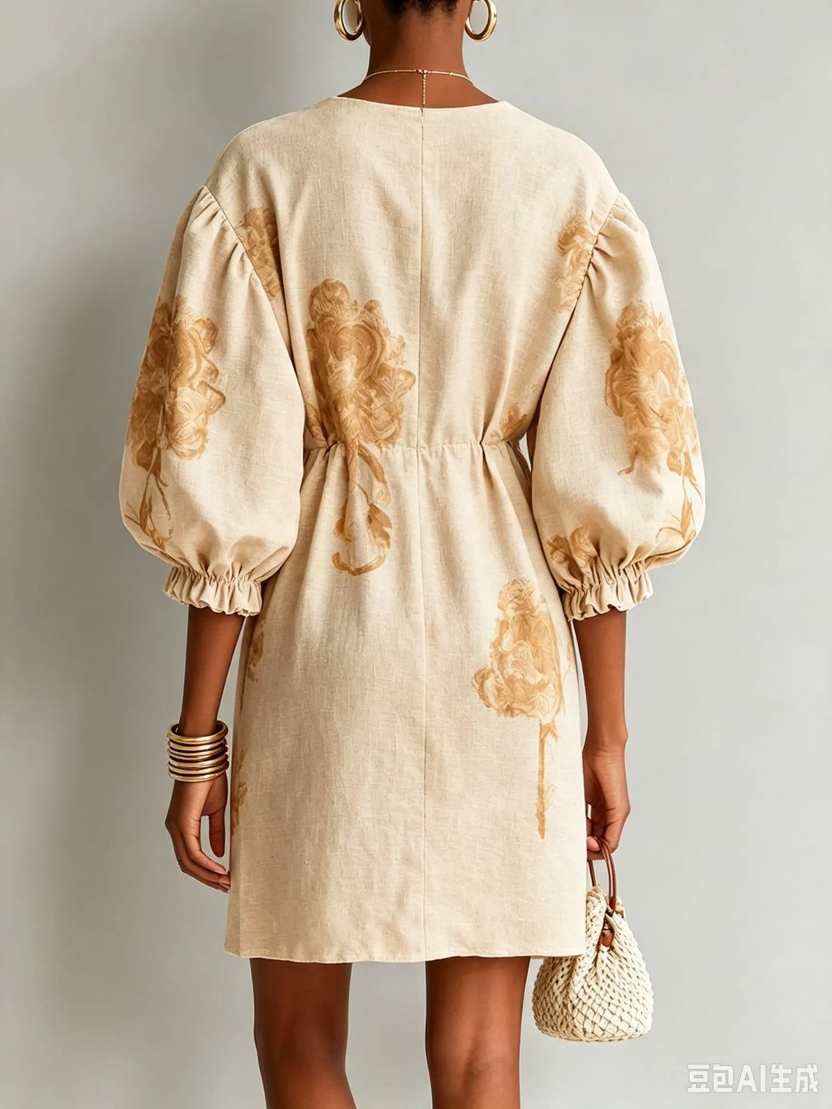 Beige Linen Floral Mini Dress Deep V Lantern Puff Sleeve Drawstring Waist Pocket Vacation Dress
