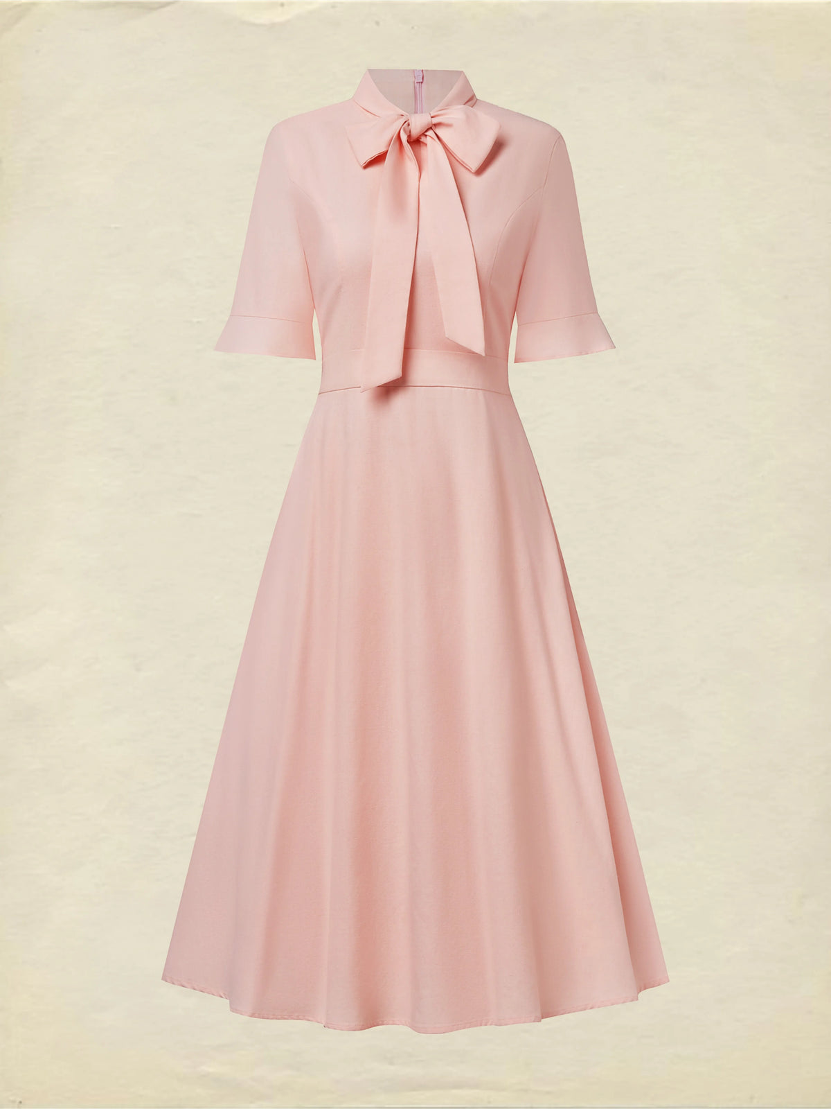 Midi Linen Dress , Half Sleeve, Round Neck, Plain, Bow, French Vintage, Light Pink