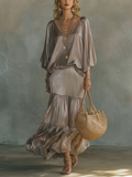 Soft Gray Flowing Ruffle Skirt Set