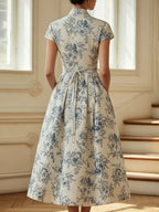 Midi Linen Dress, Short Sleeves, V Neck, Floral, Vintage, Blue
