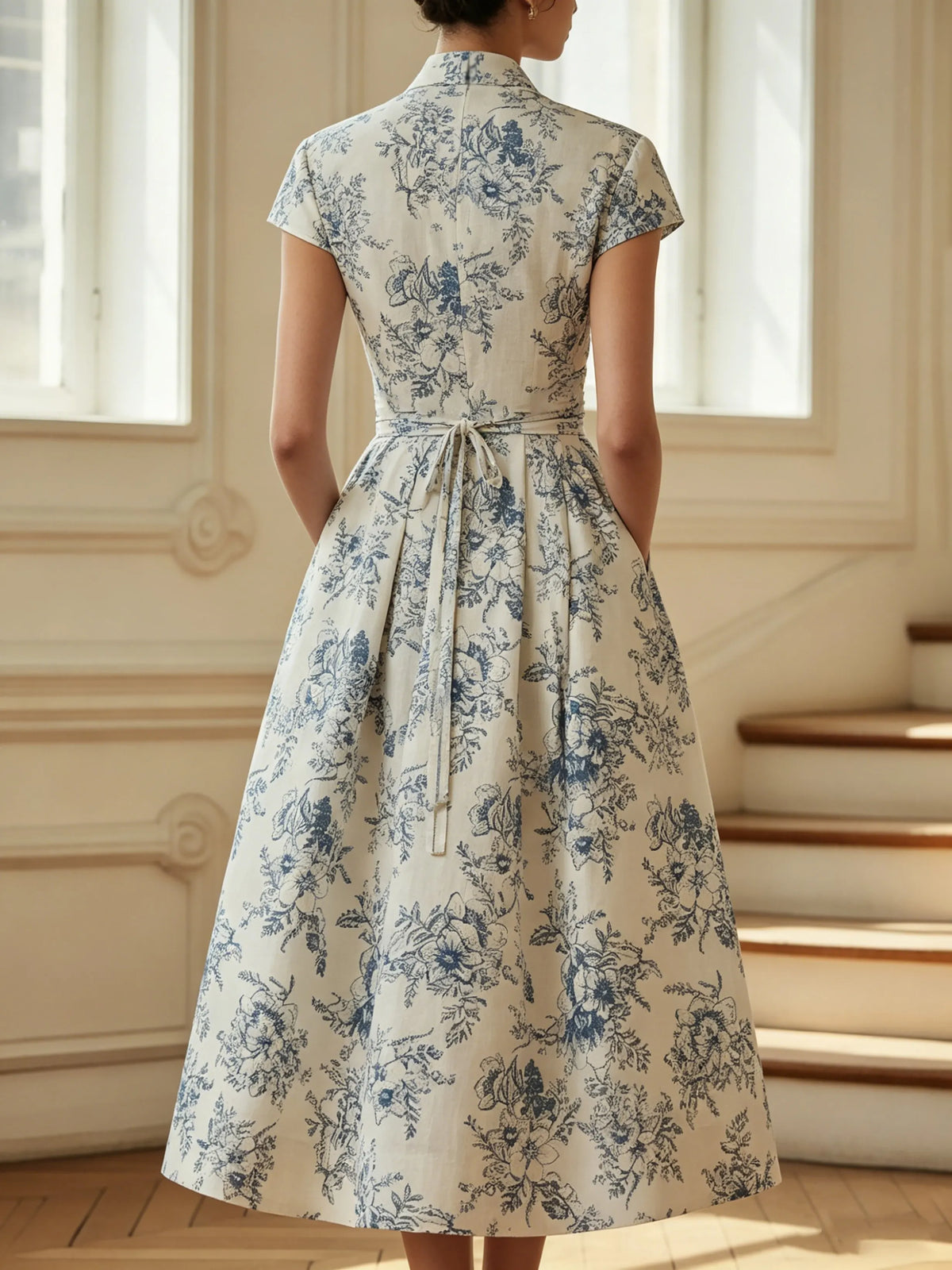 Midi Linen Dress, Short Sleeves, V Neck, Floral, Vintage, Blue