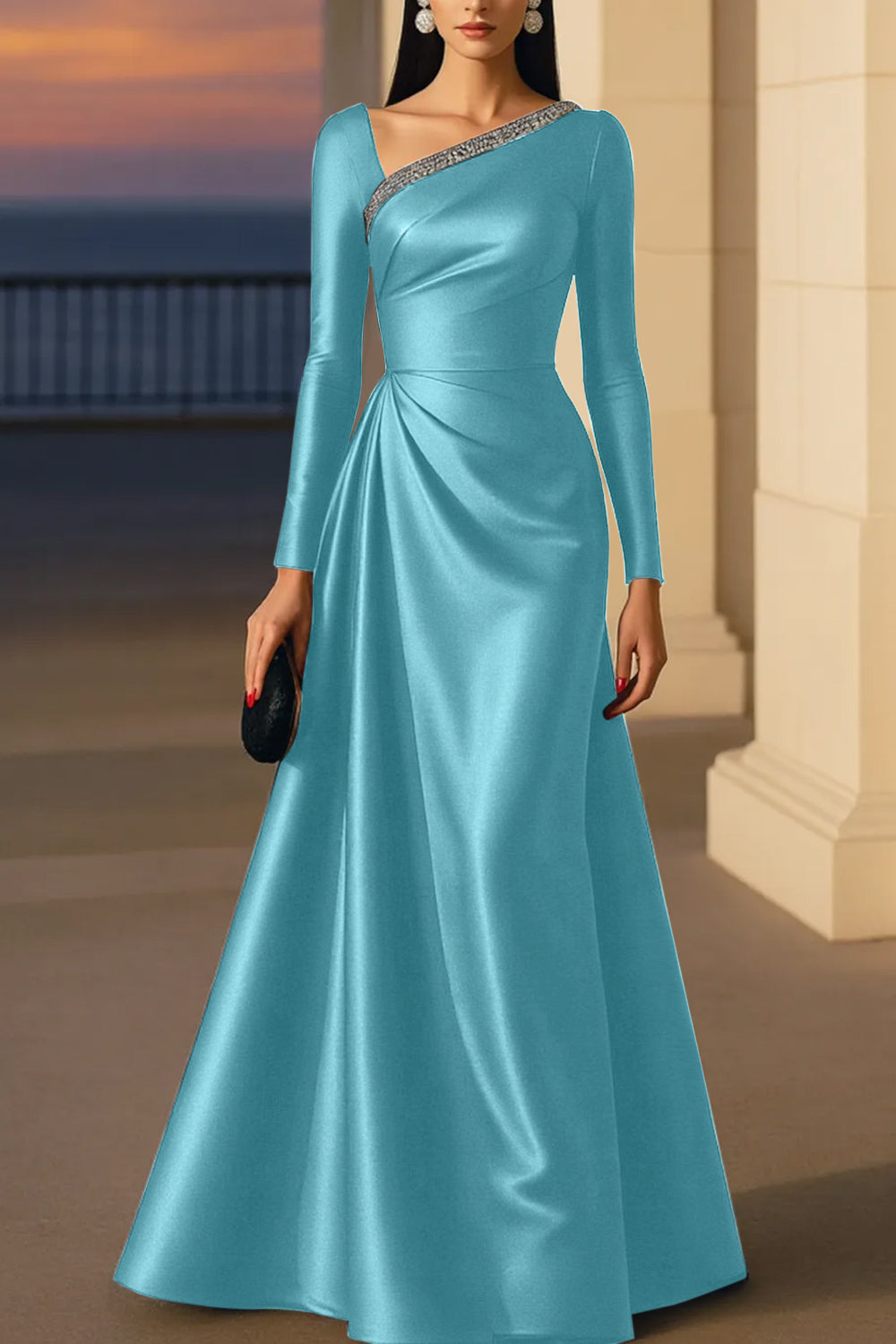 Evening Formal Burgundy Dress Asymmetrical Neck Long Sleeve Maxi Gown