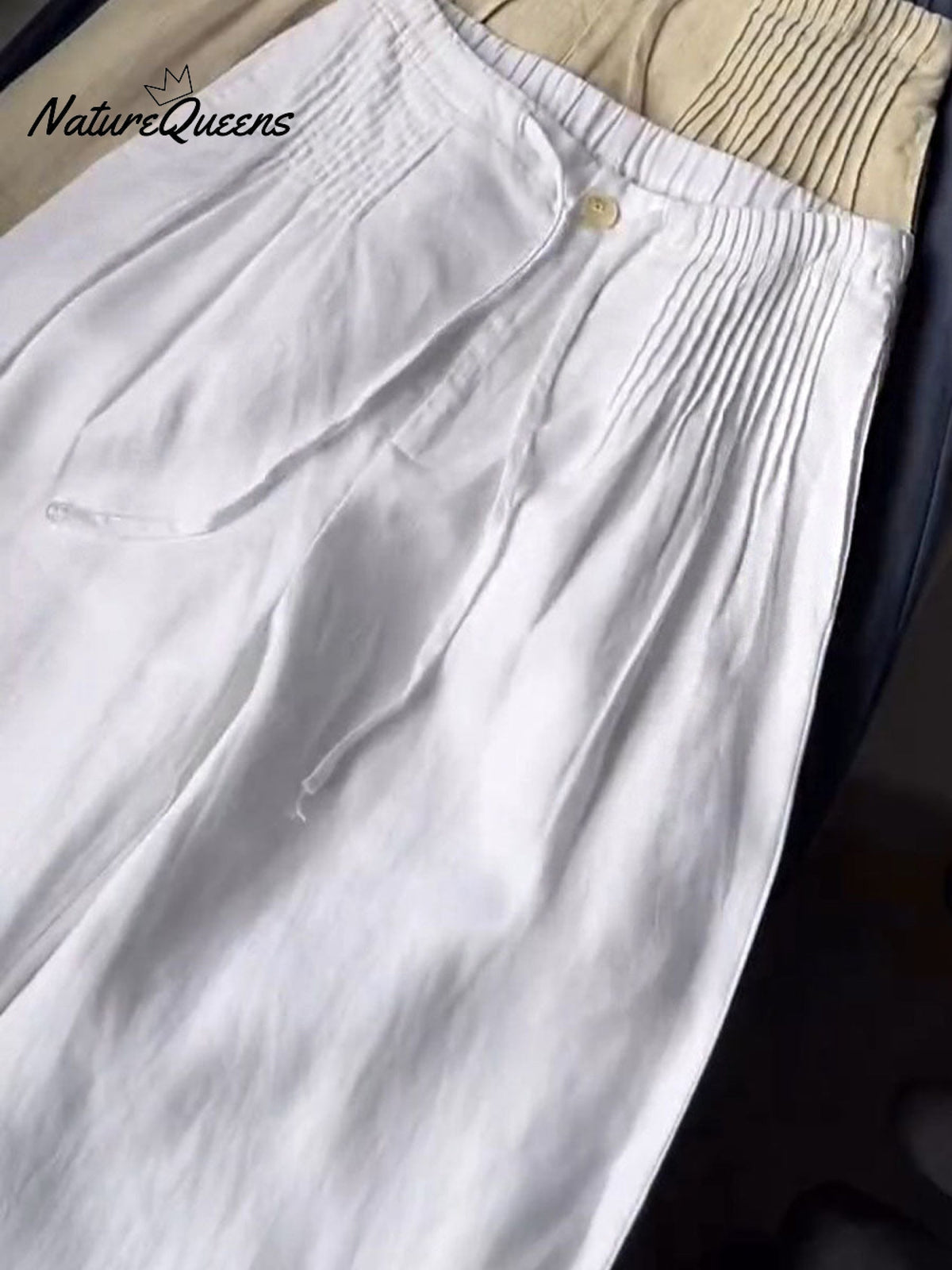 🔥Limited time promotion Women's Solid Color Pleated Drawstring Casual Cotton and Linen Wide Leg Pants