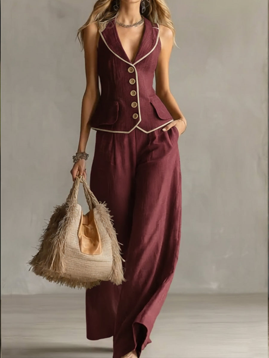 Women's Slim-fit Linen And Cotton Vest And Trousers Two-piece Set