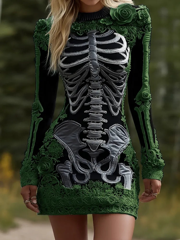 Women's Halloween Skeleton Bones Leather With Rose Pattern Art Hot Sexy Style Cozy Knit Mini Sweater Dress