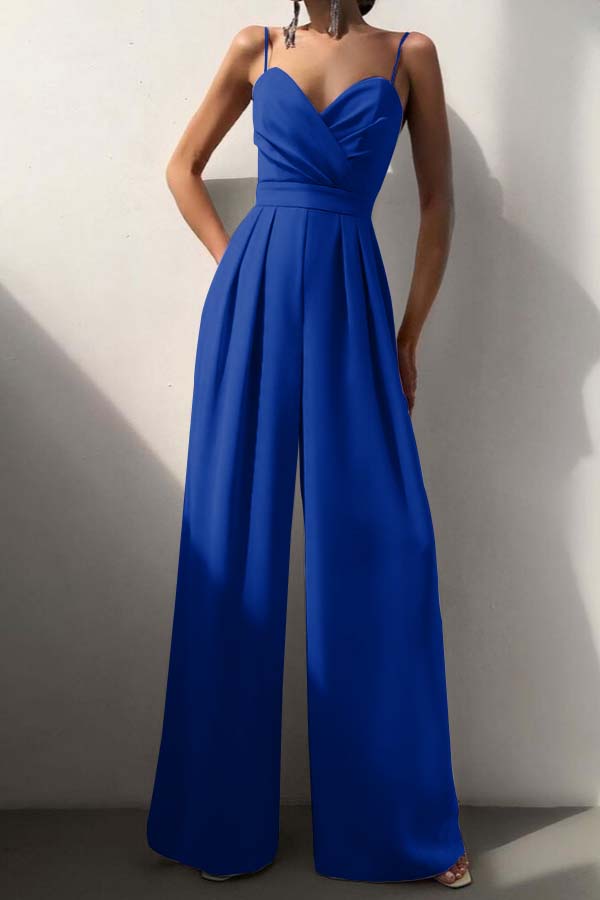 Cocoslly Chic Lilac Sweetheart Spaghetti Strap Sleeveless Pleated Long Wid-Leg Jumpsuit