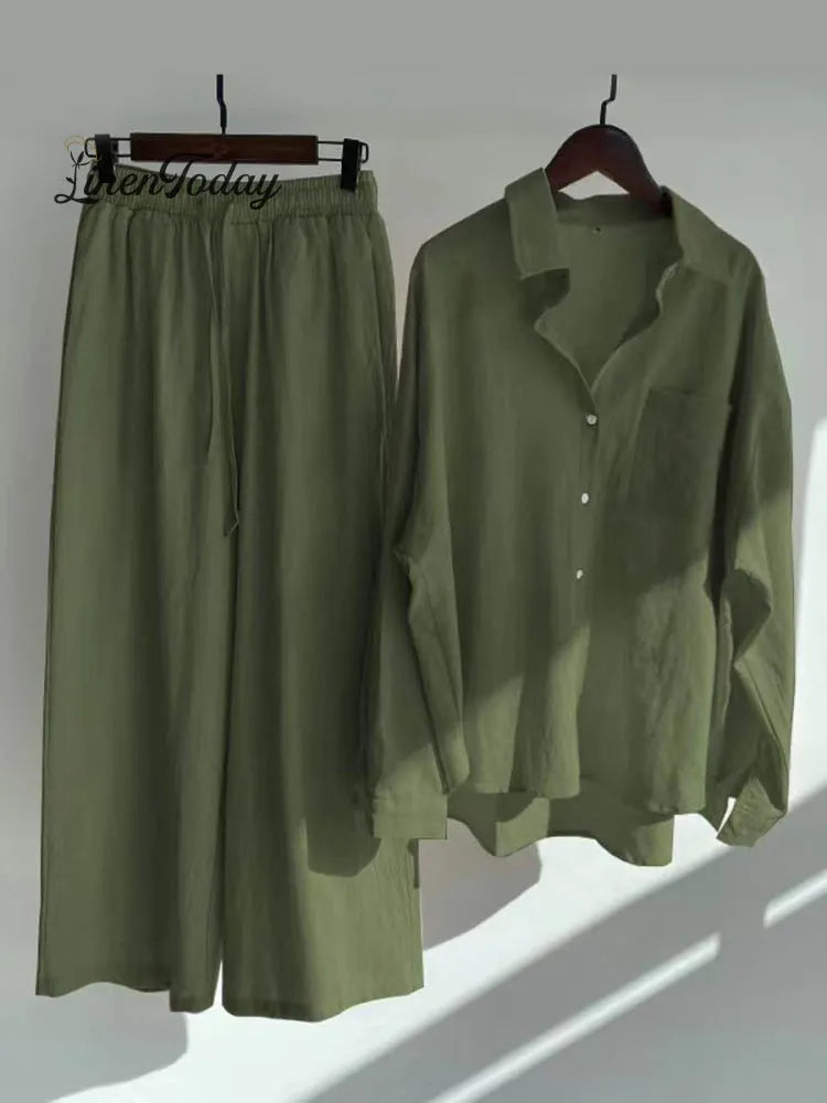 Women's Solid Color Loose Elegant High Waist Casual Cotton And Linen Suit