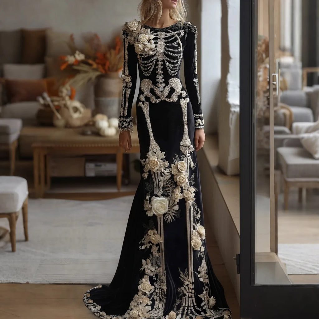 Women's Halloween Dark Gothic Rose Skeleton Velvet Round Neck Maxi Dress