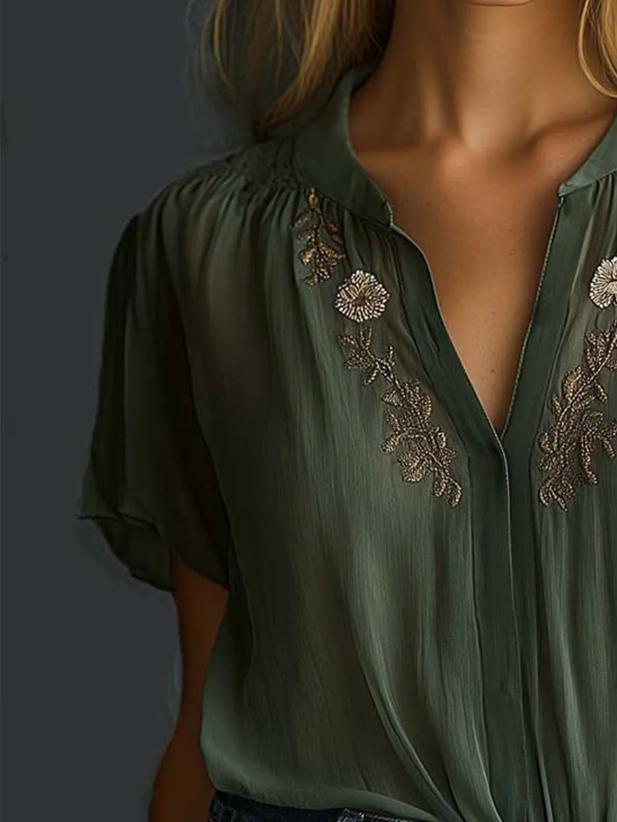 Vintage Embroidered Chiffon Short Sleeve Shirt