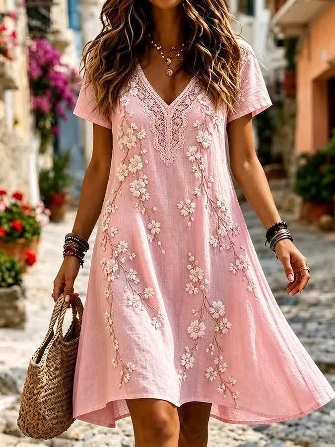 Women'S Plant Flower Art Linen Blended V-Neck Mini Dress