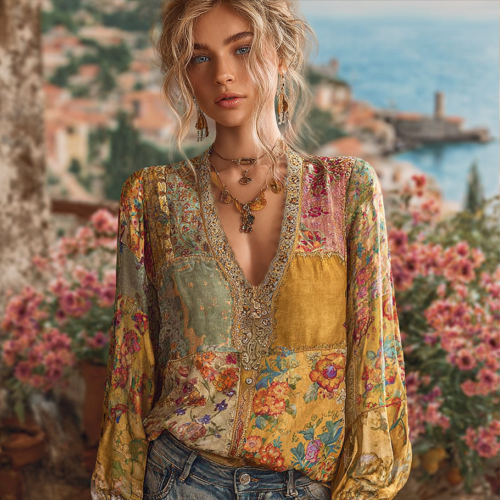 Bohème Patchwork Floral Retro Linen Top