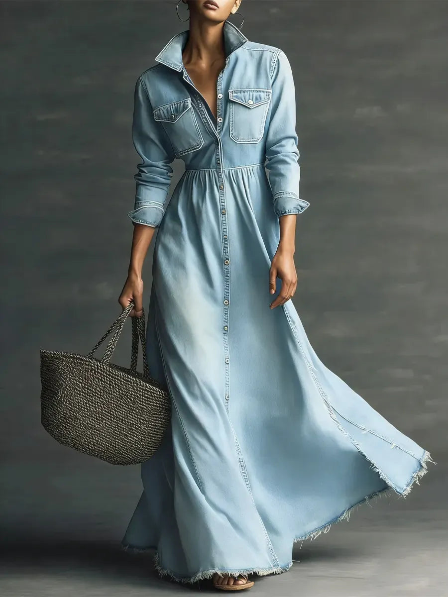Women Stylish Art Stand Collar Washed Denim Midi Dress
