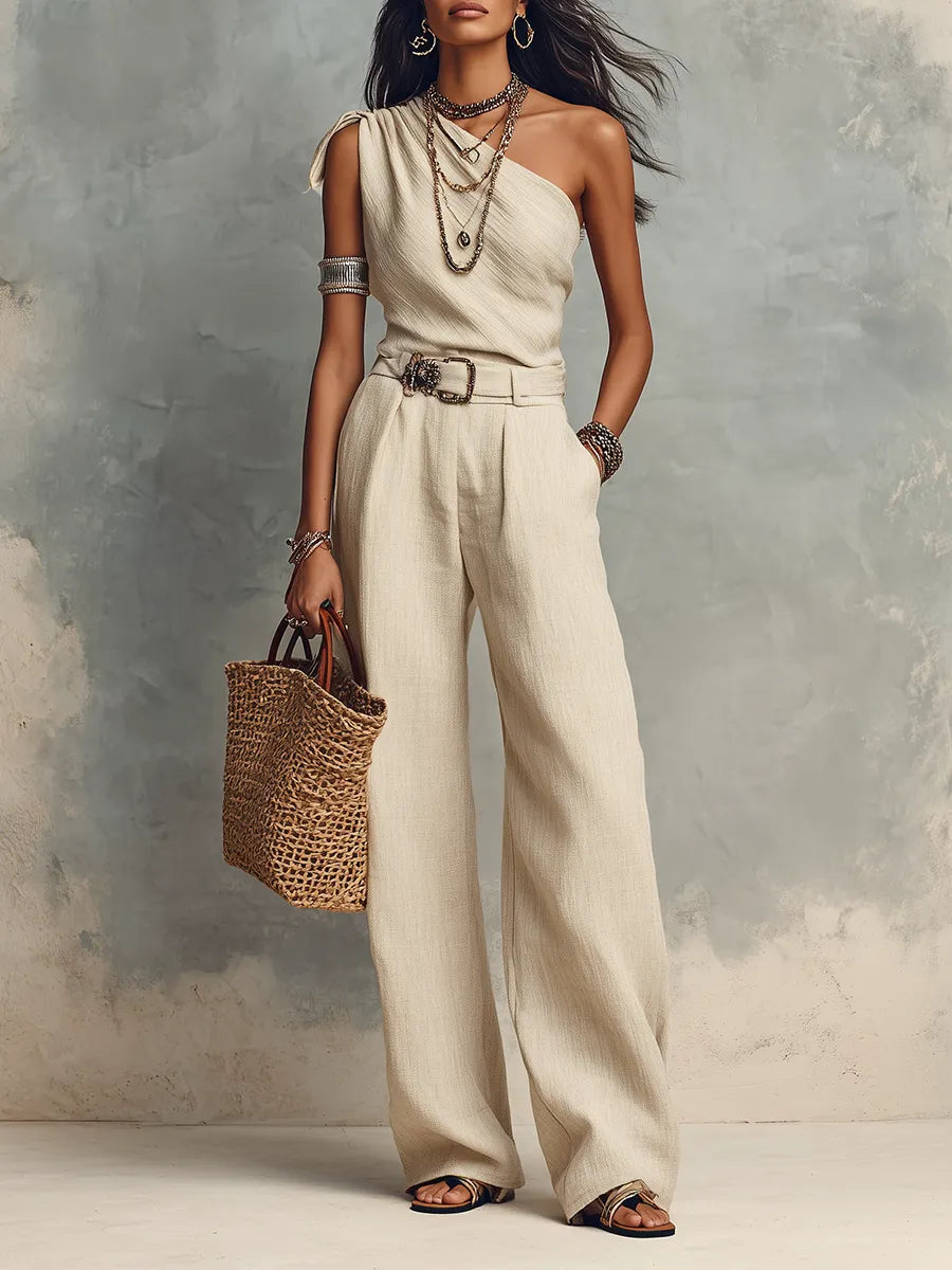 Ivory One-Shoulder Linen Top & Wide-Leg Pants Set ¨C Minimal Resort Elegance Trouser Suit