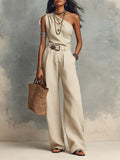Ivory One-Shoulder Linen Top & Wide-Leg Pants Set ¨C Minimal Resort Elegance Trouser Suit