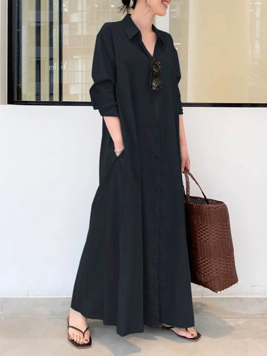 Women's Solid Color Casual Loose Elegant V-Neck Cotton And Linen Pocket Shirt Dress
