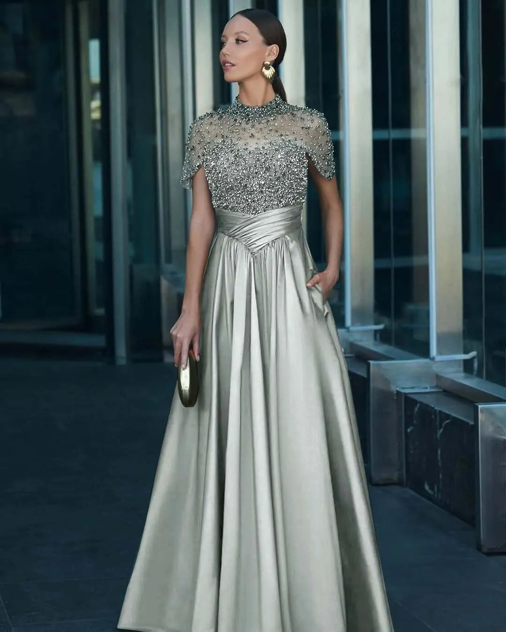 Tulle And Satin High-Neck Short Sleeves Long A-Line Pleated Prom Dress With Pockets And Beadings YK0542