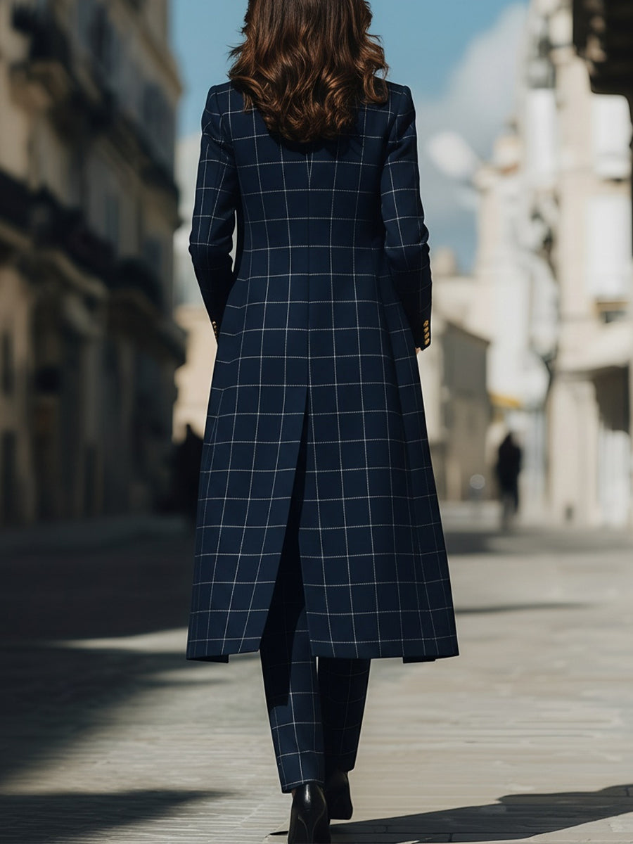 Navy Checkered Three-Piece Suit With Long Coat