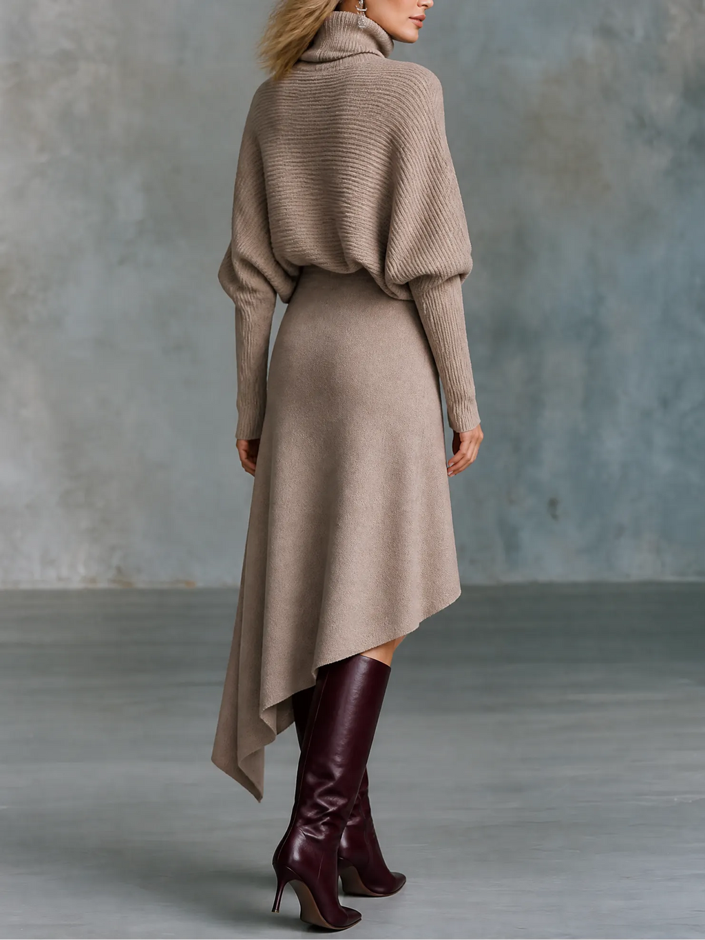 Turtleneck Batwing Sleeve Sweater & Asymmetric Hem Skirt Knit Two-Piece Set