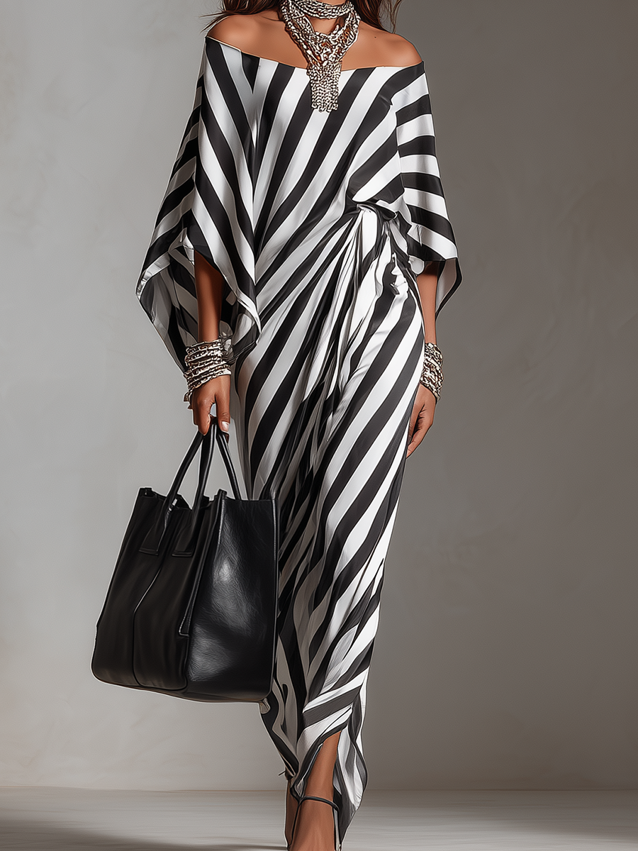 Statement Monochrome Stripe Asymmetric Maxi Dress