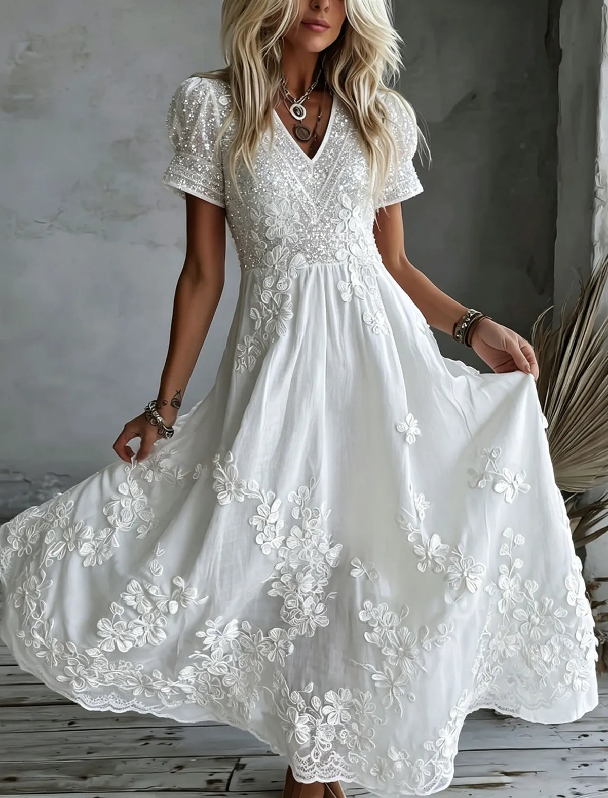 Women's White Rose Art Embroidered Linen Blend V Neck Maxi Dress