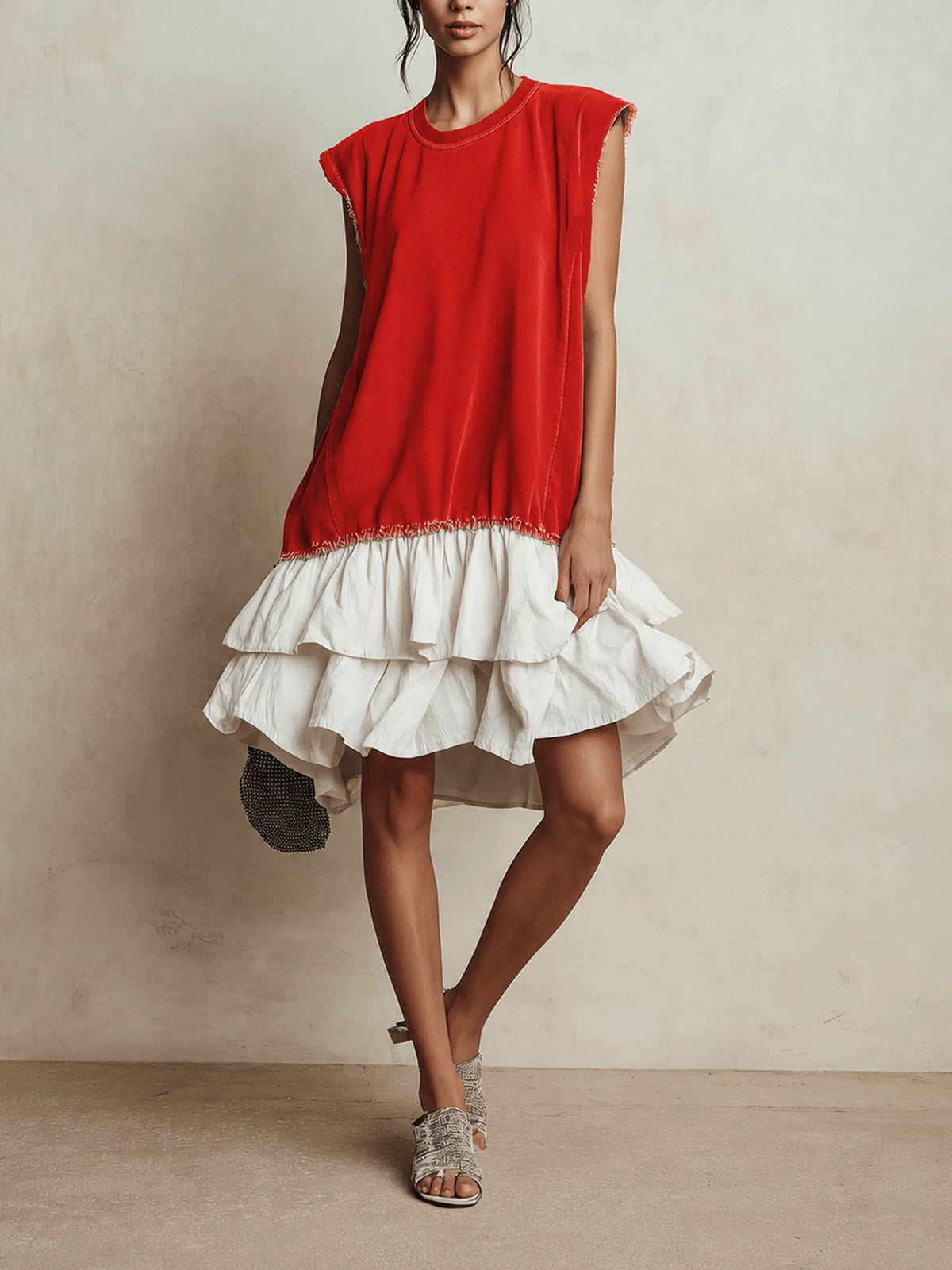 Contrast Raw Edge Tiered Ruffle Hem Sleeveless Mini Dress | Color Block Casual Loose Fit Vacation Dress