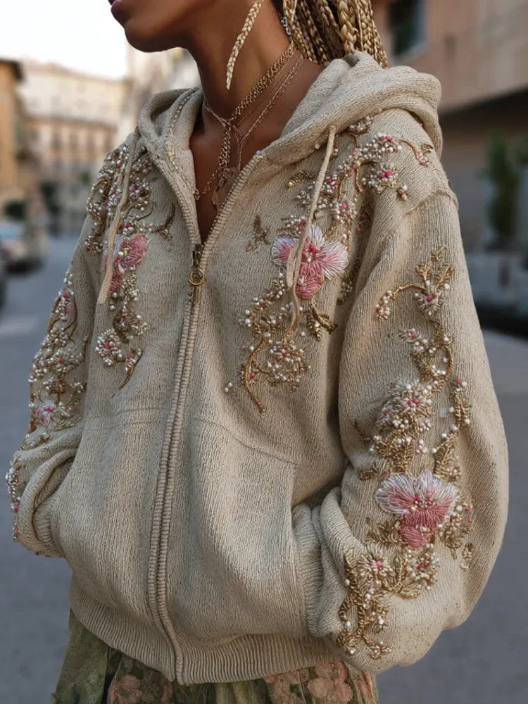 Bohemian Style Pink Flower Embroidery Hooded Long Sleeve Jacket With Zipper