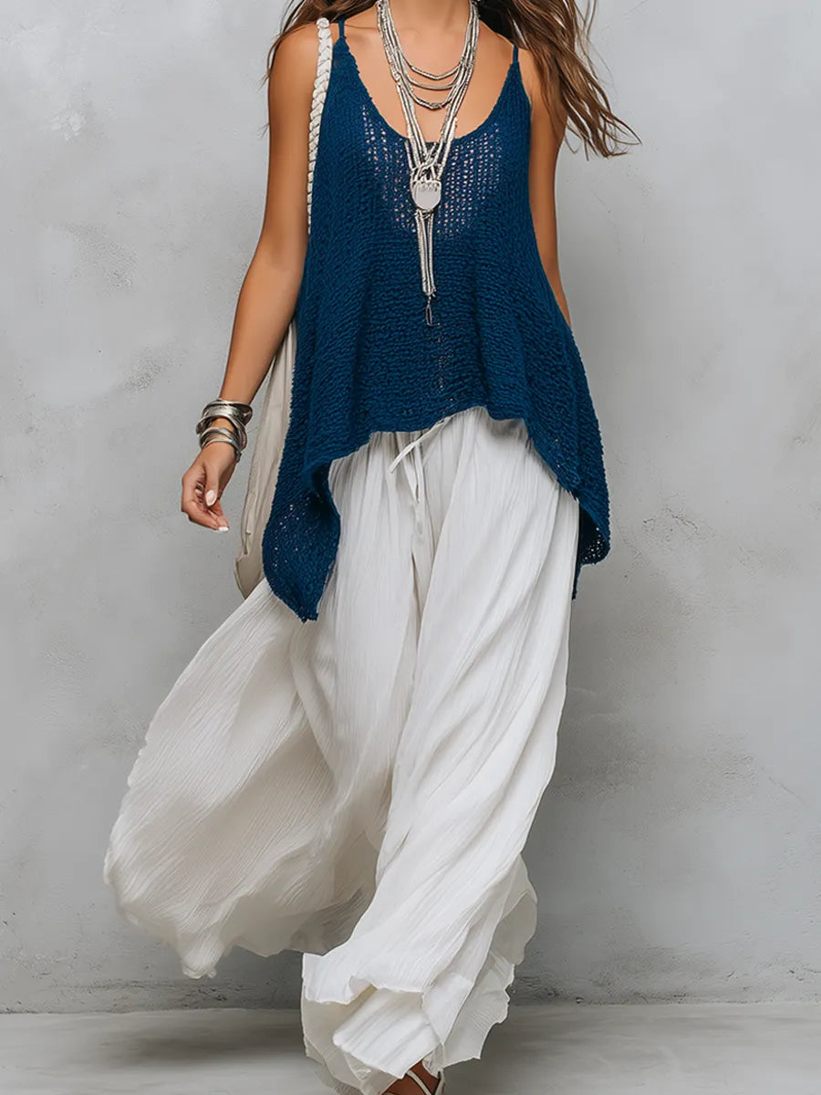 Bohemian Style Openwork Knit Two piece Set With Flowing Wide leg Pants